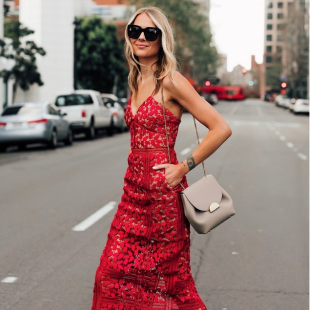 SELF-PORTRAIT Arabella Lace Midi Dress Red - Like New